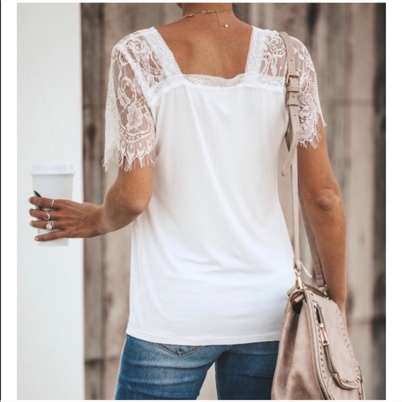 NWT Eyelash Lace Sleeves White V-neck Tee T-Shirt - Picture 5 of 8